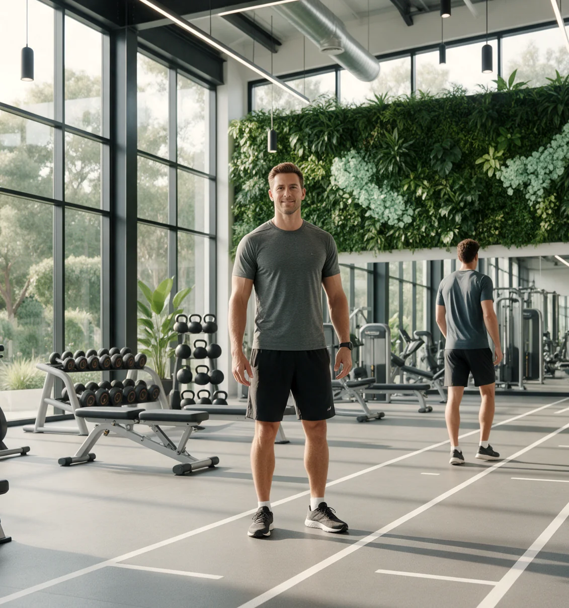 Personal trainer numa academia ampla com plantas e luz natural