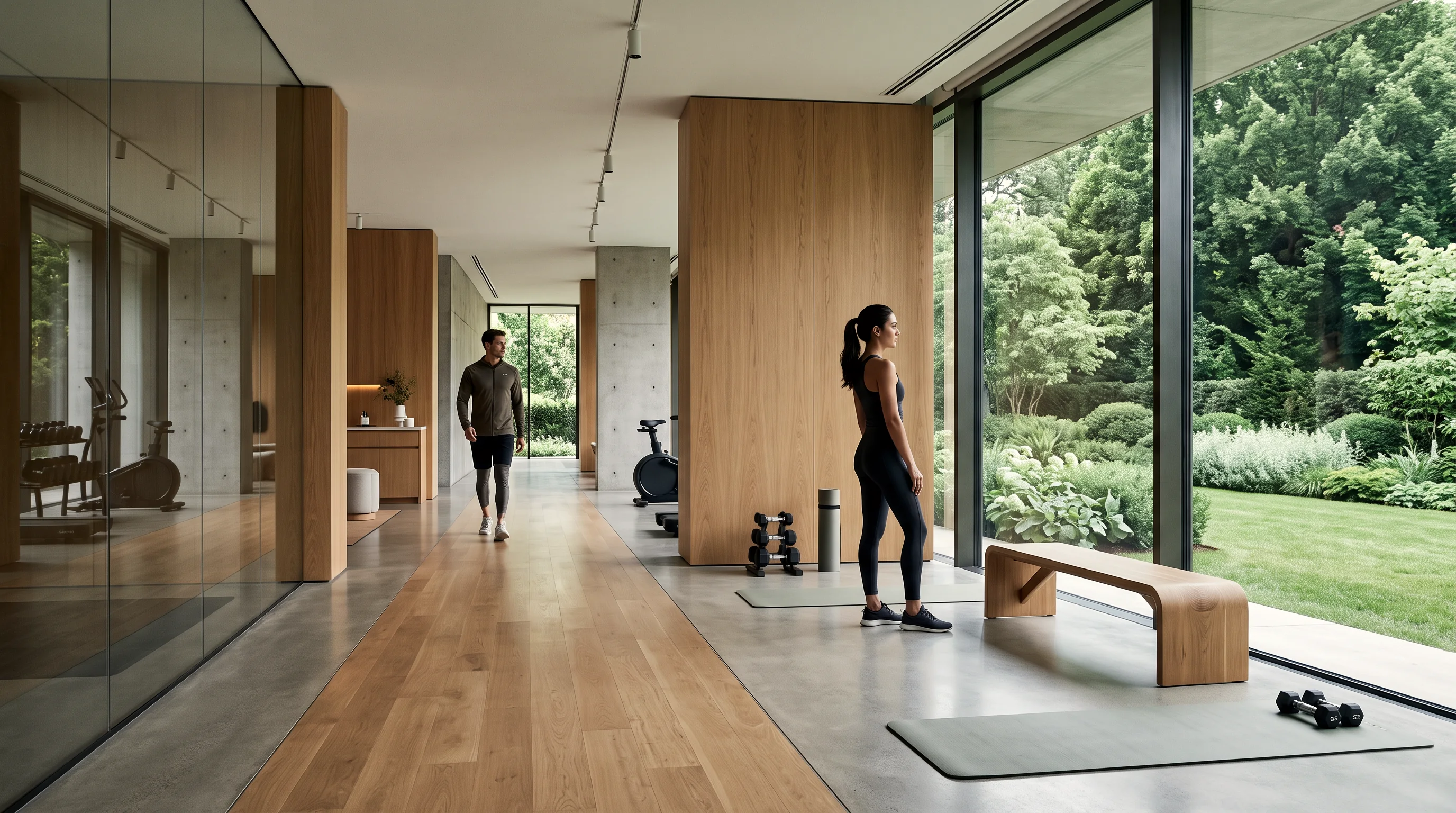 Studio com piso de madeira e jardim, uma aluna se alongando