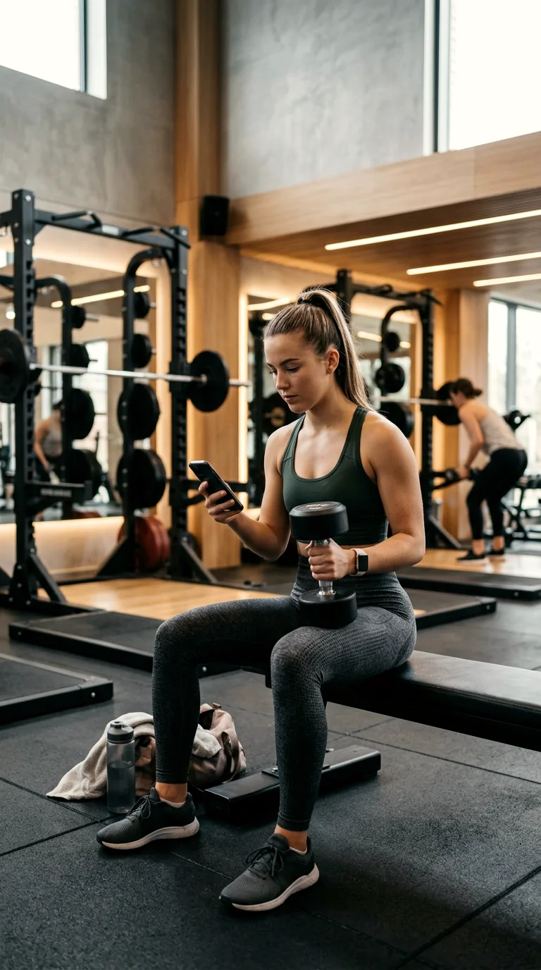 Aluna sentada no banco da academia conferindo o treino no celular